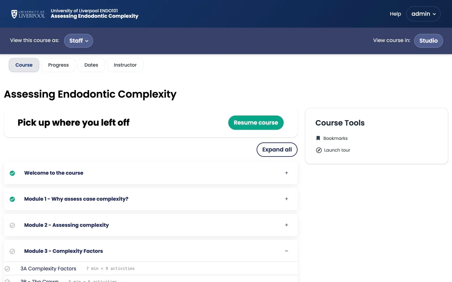 ENDO101 course home in the LMS, showing module outline
