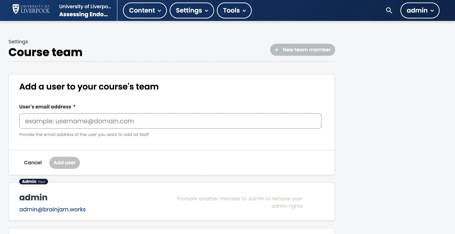Add-user form with an email field and Add user button