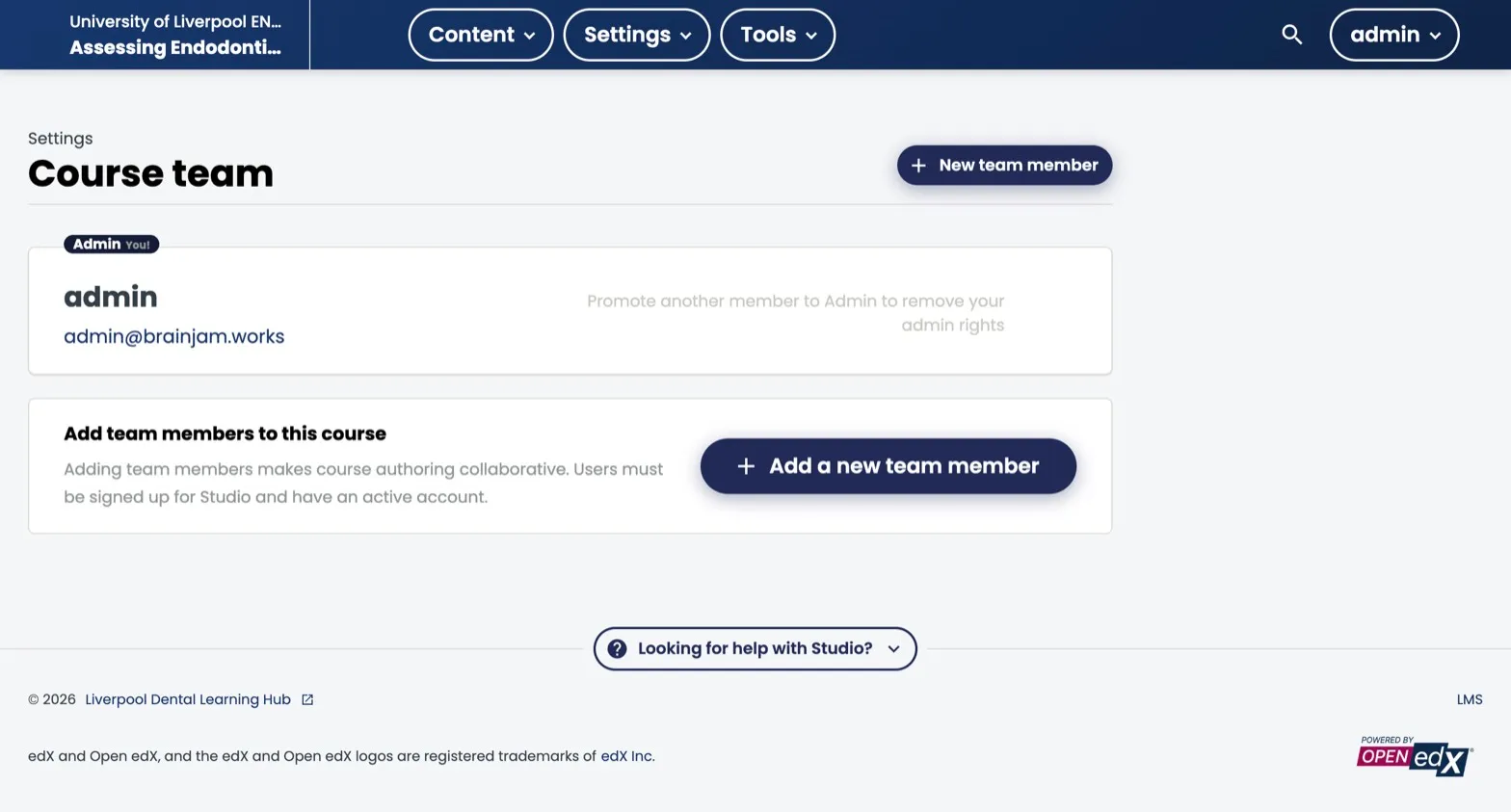 Course Team page with a single Admin listed