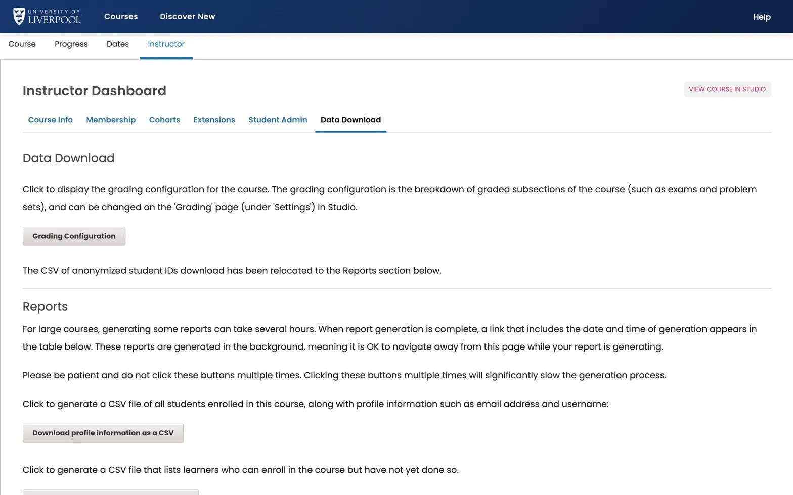 LMS Instructor Dashboard → Data Download tab