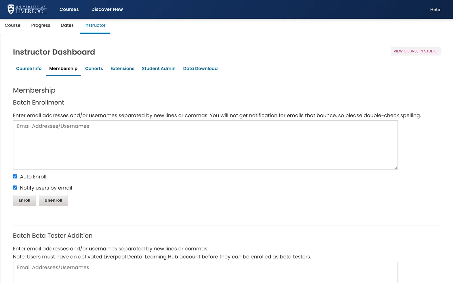 LMS Instructor Dashboard → Membership tab with Batch Enrollment form
