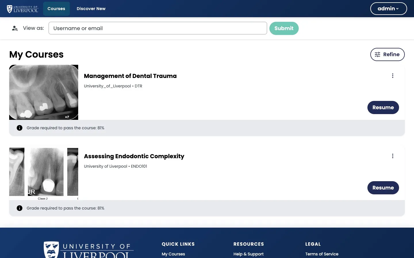 Learner dashboard showing enrolled courses