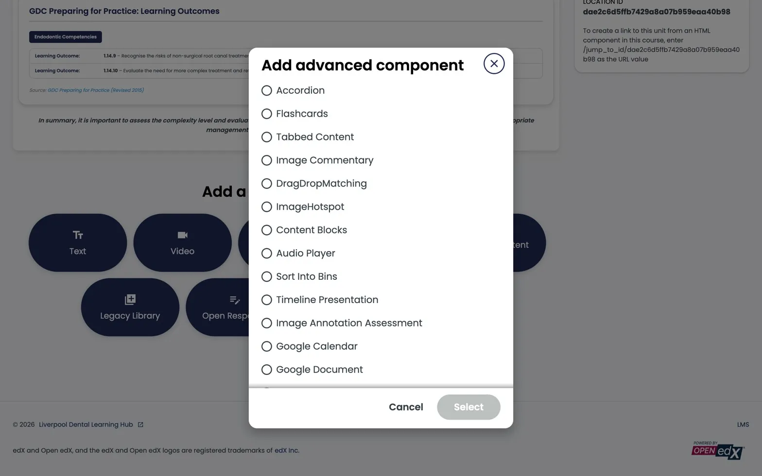 Studio Add advanced component modal showing the Liverpool XBlocks
