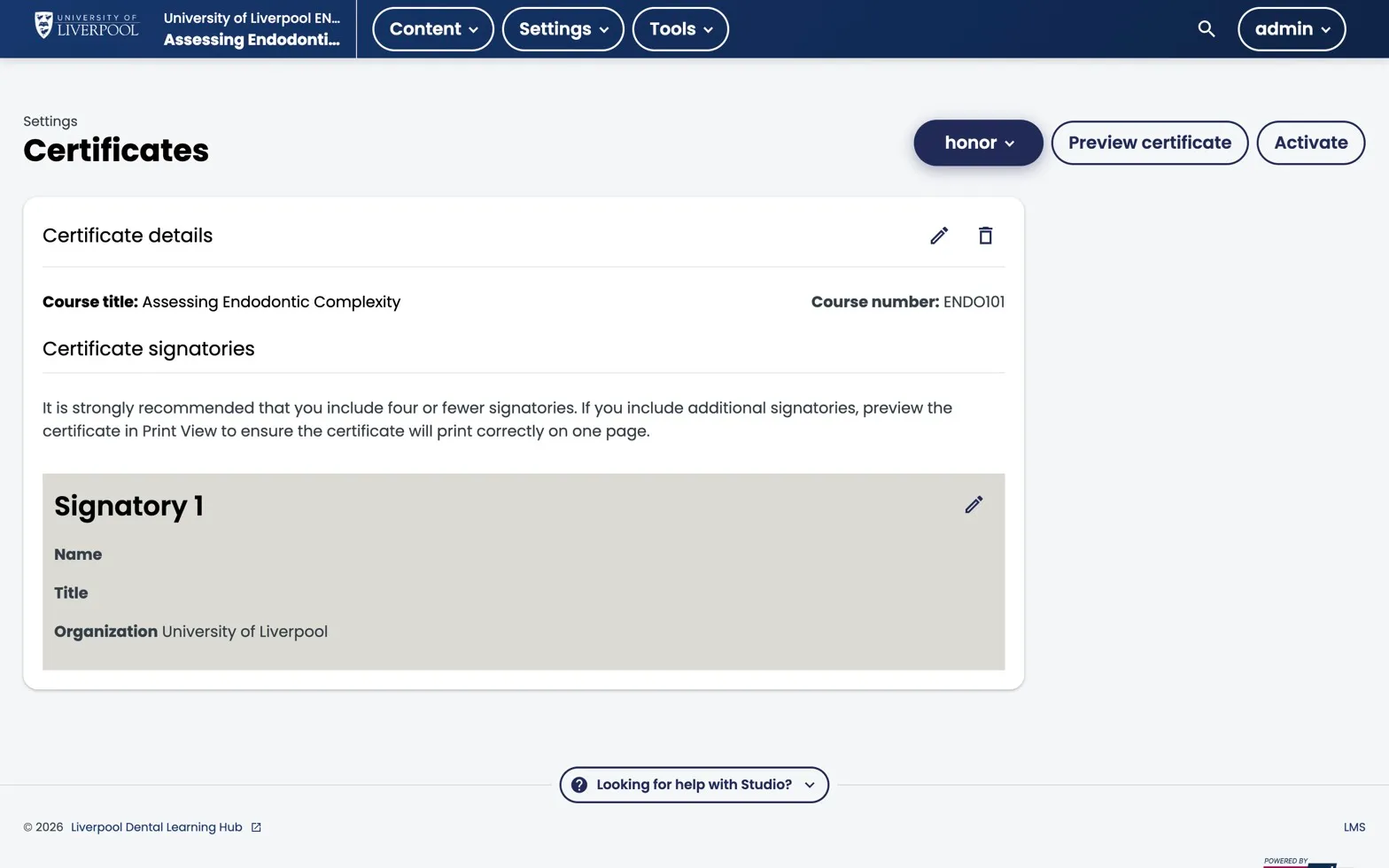 Studio Certificates settings page for ENDO101 awaiting activation