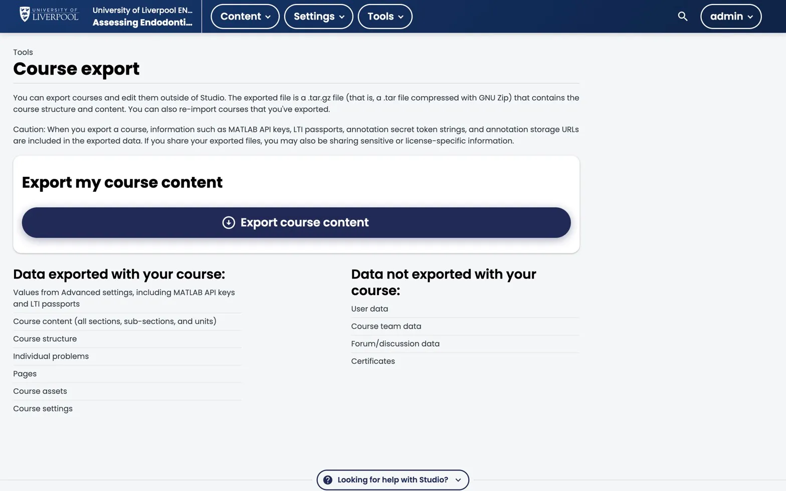 Studio Course export page listing what is and isn't included in the tarball