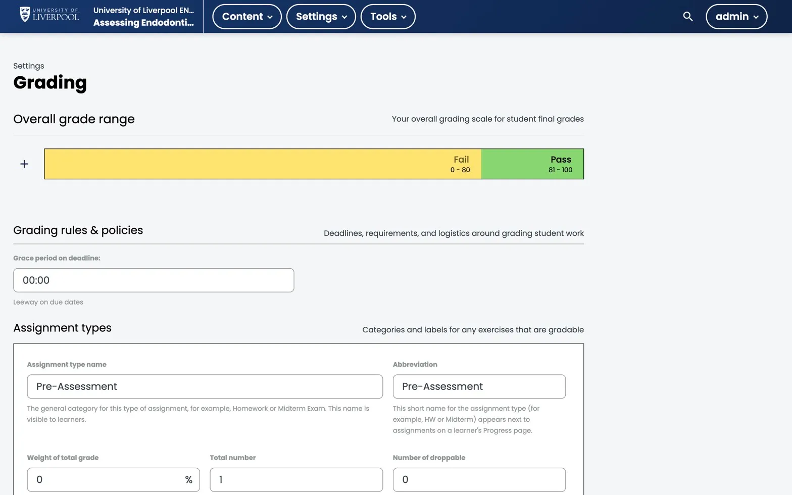 Studio Grading settings page showing Pass / Fail bands and assignment types