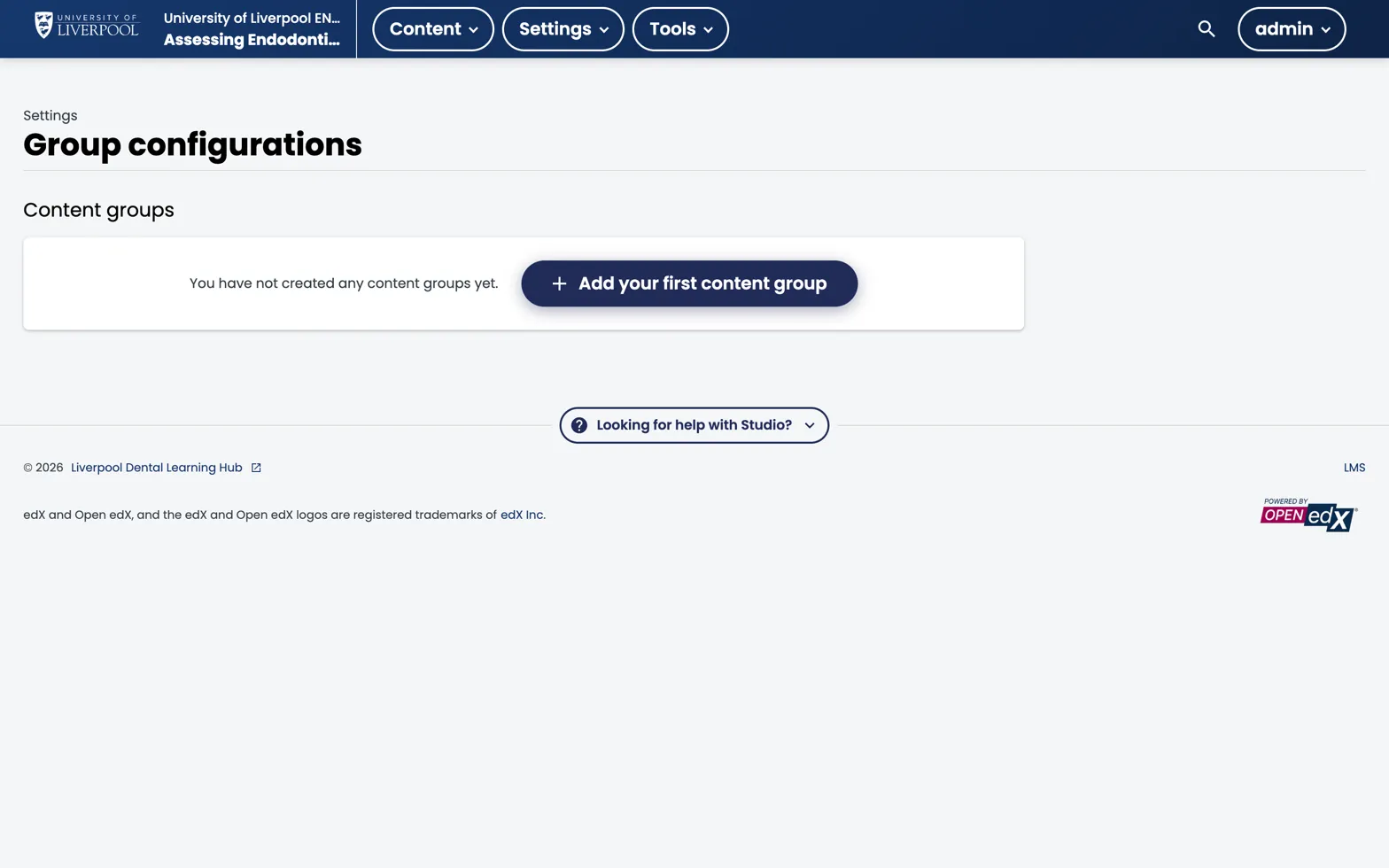Studio Group configurations page with no content groups yet