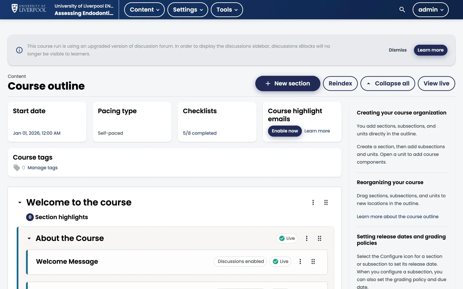Studio outline view for ENDO101 showing section, subsection, and unit hierarchy