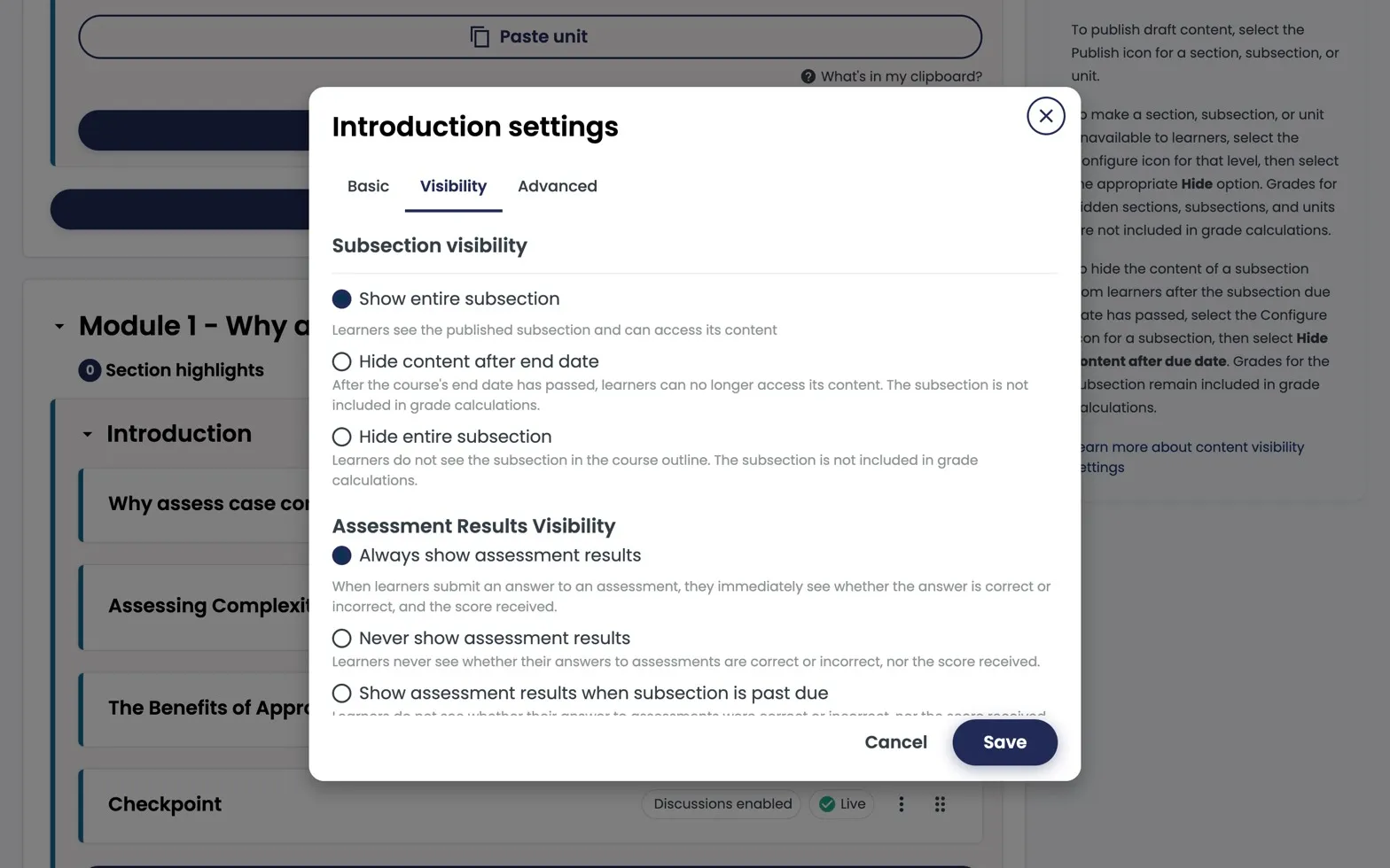 Studio subsection settings, Visibility tab