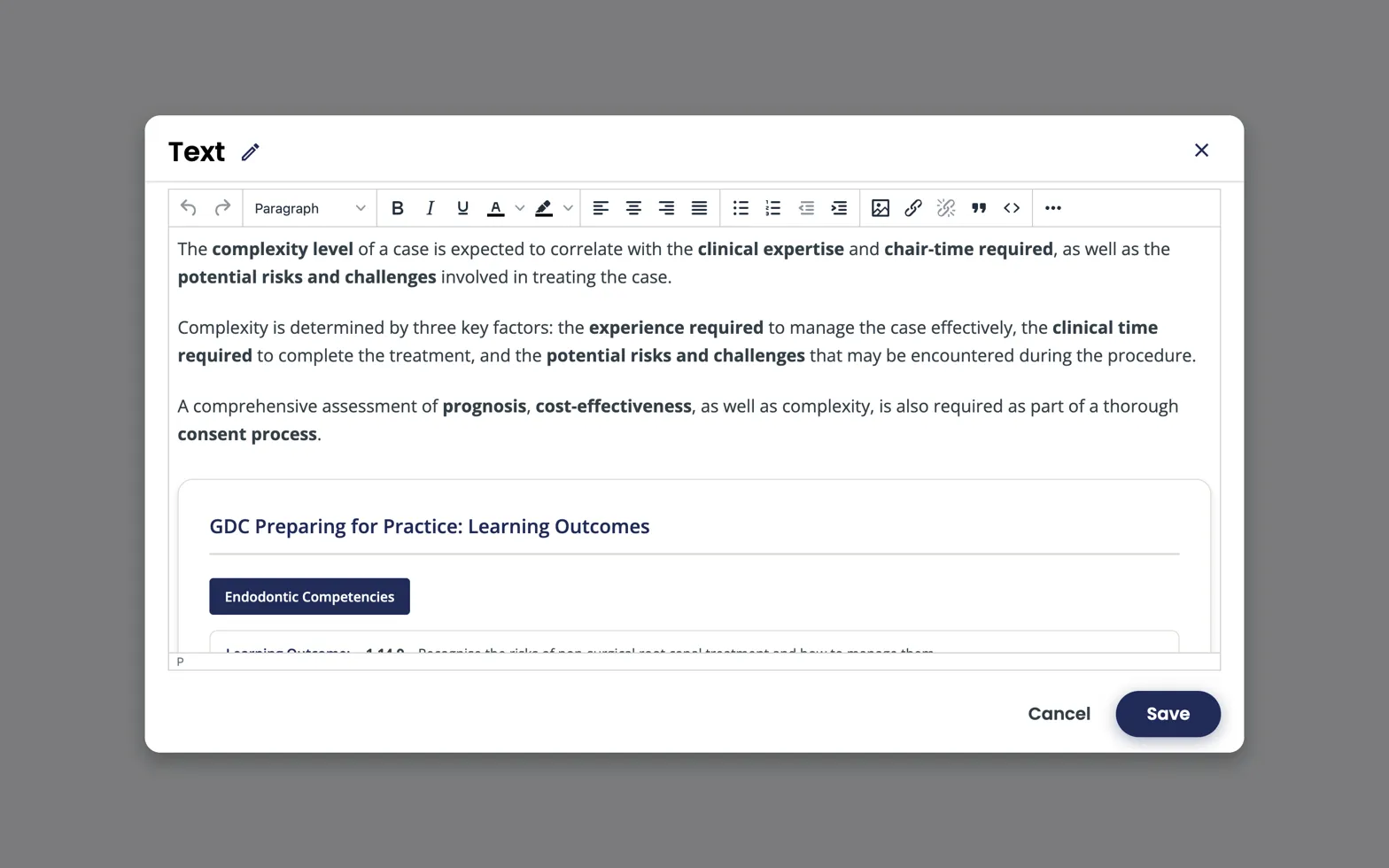 Studio TinyMCE text editor open on an ENDO101 paragraph