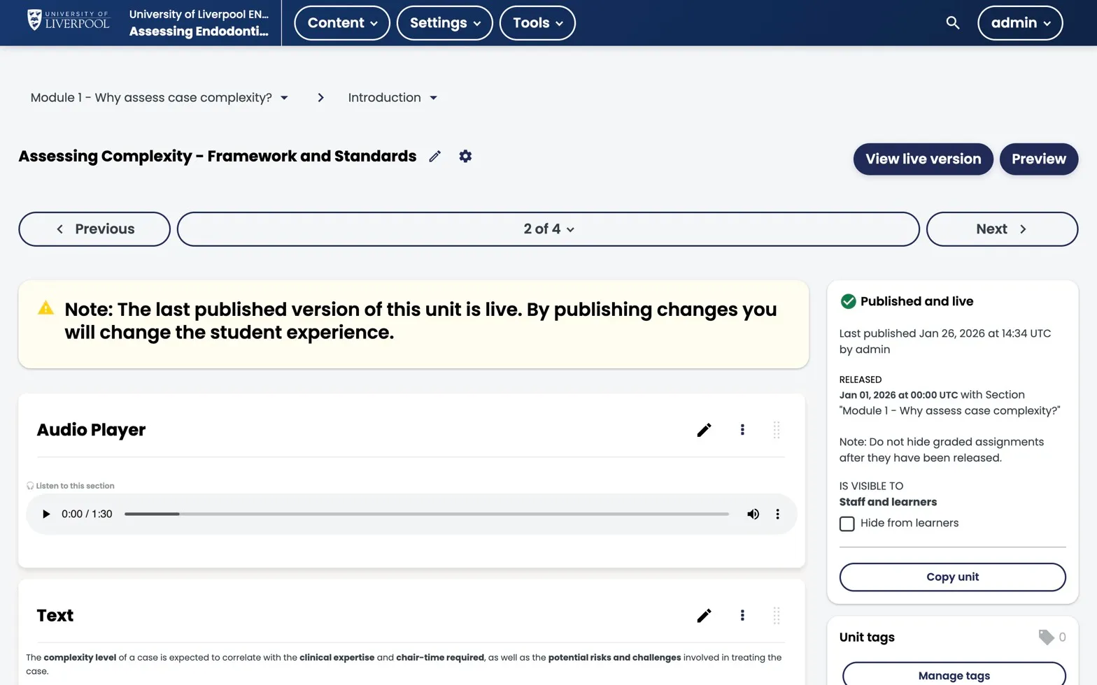 Studio unit page for an ENDO101 unit with audio and text components