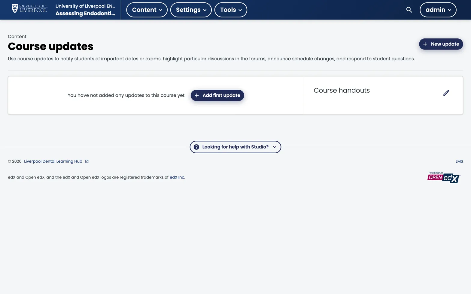 Studio Course updates page with no updates yet